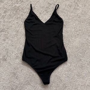 Aritzia Talula Ribbed V-Neck Spaghetti Strap Thong Bodysuit - Black